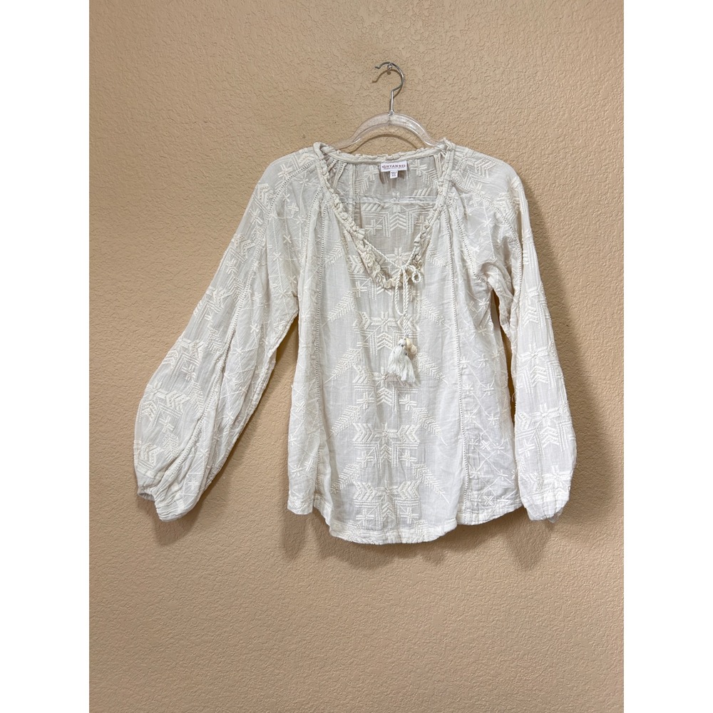 Shyanne XS Embroidered Cotton Gauze Peasant Top Ivory Boho Tassel Shell Blouse